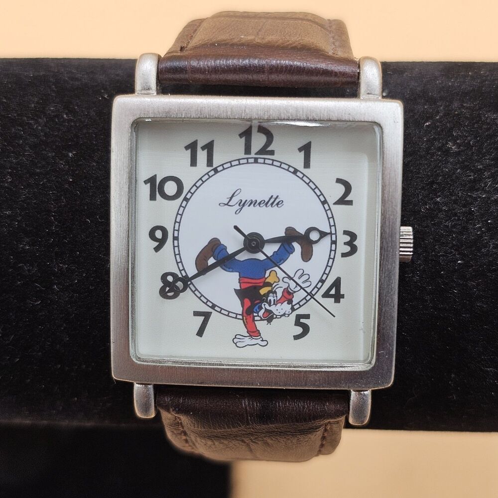 Vintage Disney Goofy Silver Tone Tank Watch Japan Quartz Brown Leather Strap
